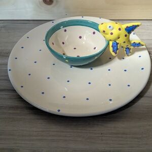 Vintage Chips & Salsa Dish, Ceramic, Colorful Fish, Party Serveware